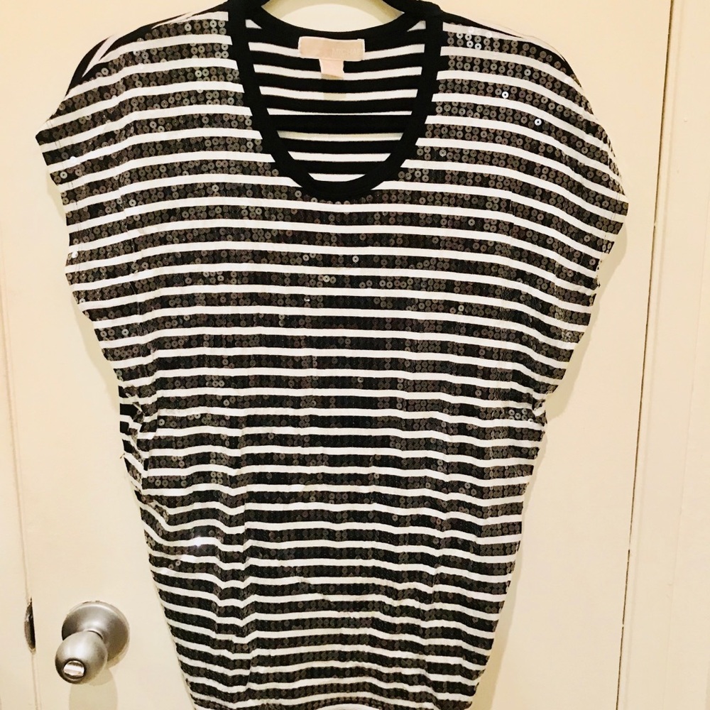 Michael Kors Black & White Striped Sequin Top (S)